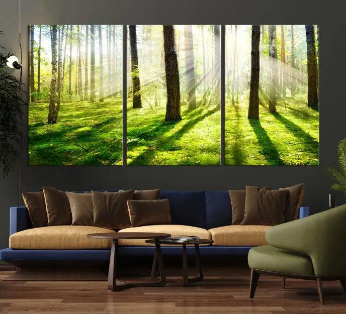 Hanging above the sofa is the "Forest and Sunshine Wall Art Canvas Print," a triptych showcasing a sunlit forest scene on museum-quality canvas.