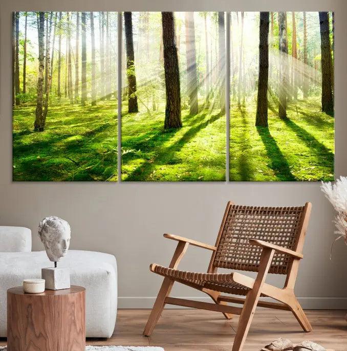 Hanging above the sofa is the "Forest and Sunshine Wall Art Canvas Print," a triptych showcasing a sunlit forest scene on museum-quality canvas.