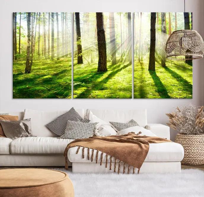 Hanging above the sofa is the "Forest and Sunshine Wall Art Canvas Print," a triptych showcasing a sunlit forest scene on museum-quality canvas.