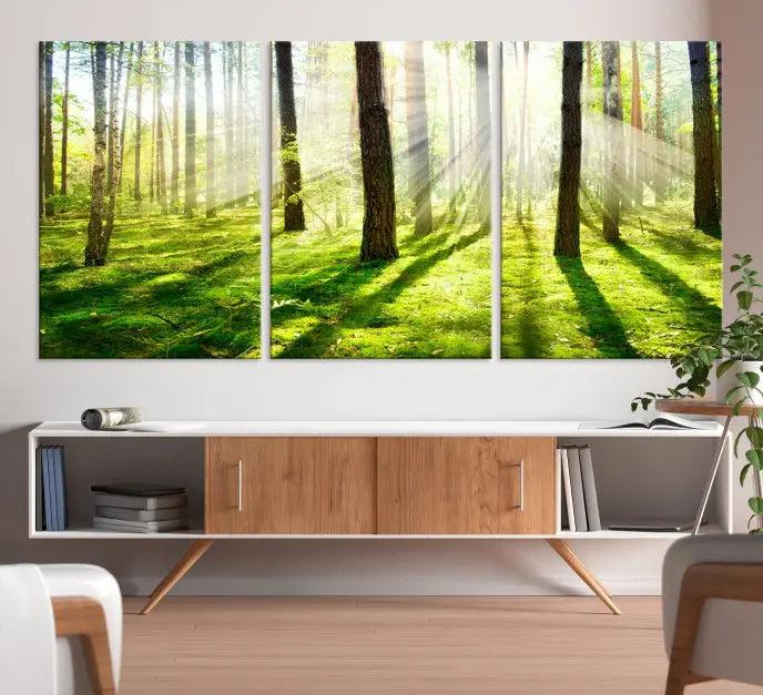 Hanging above the sofa is the "Forest and Sunshine Wall Art Canvas Print," a triptych showcasing a sunlit forest scene on museum-quality canvas.