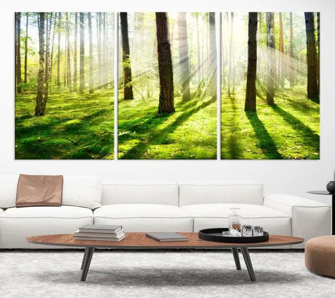 Hanging above the sofa is the "Forest and Sunshine Wall Art Canvas Print," a triptych showcasing a sunlit forest scene on museum-quality canvas.