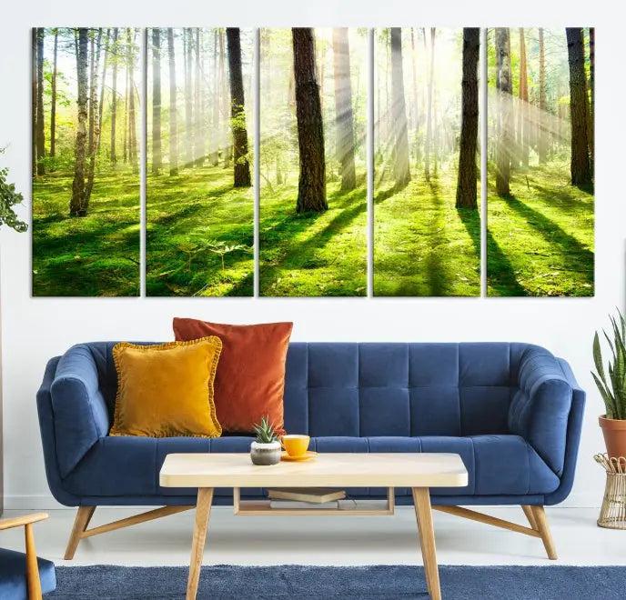 Hanging above the sofa is the "Forest and Sunshine Wall Art Canvas Print," a triptych showcasing a sunlit forest scene on museum-quality canvas.