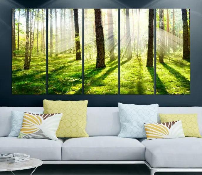 Hanging above the sofa is the "Forest and Sunshine Wall Art Canvas Print," a triptych showcasing a sunlit forest scene on museum-quality canvas.