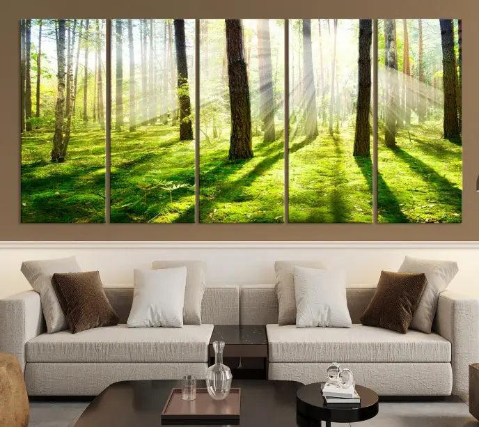 Hanging above the sofa is the "Forest and Sunshine Wall Art Canvas Print," a triptych showcasing a sunlit forest scene on museum-quality canvas.