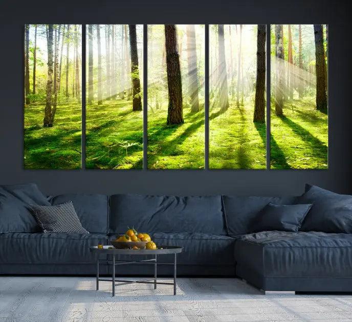 Hanging above the sofa is the "Forest and Sunshine Wall Art Canvas Print," a triptych showcasing a sunlit forest scene on museum-quality canvas.