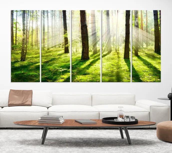 Hanging above the sofa is the "Forest and Sunshine Wall Art Canvas Print," a triptych showcasing a sunlit forest scene on museum-quality canvas.