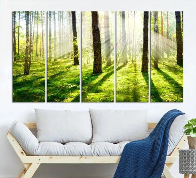 Hanging above the sofa is the "Forest and Sunshine Wall Art Canvas Print," a triptych showcasing a sunlit forest scene on museum-quality canvas.