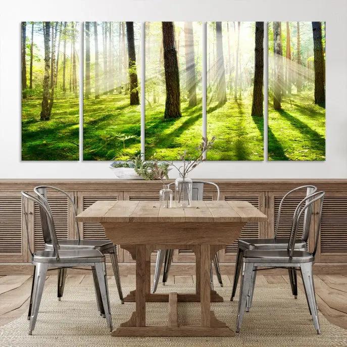 Hanging above the sofa is the "Forest and Sunshine Wall Art Canvas Print," a triptych showcasing a sunlit forest scene on museum-quality canvas.