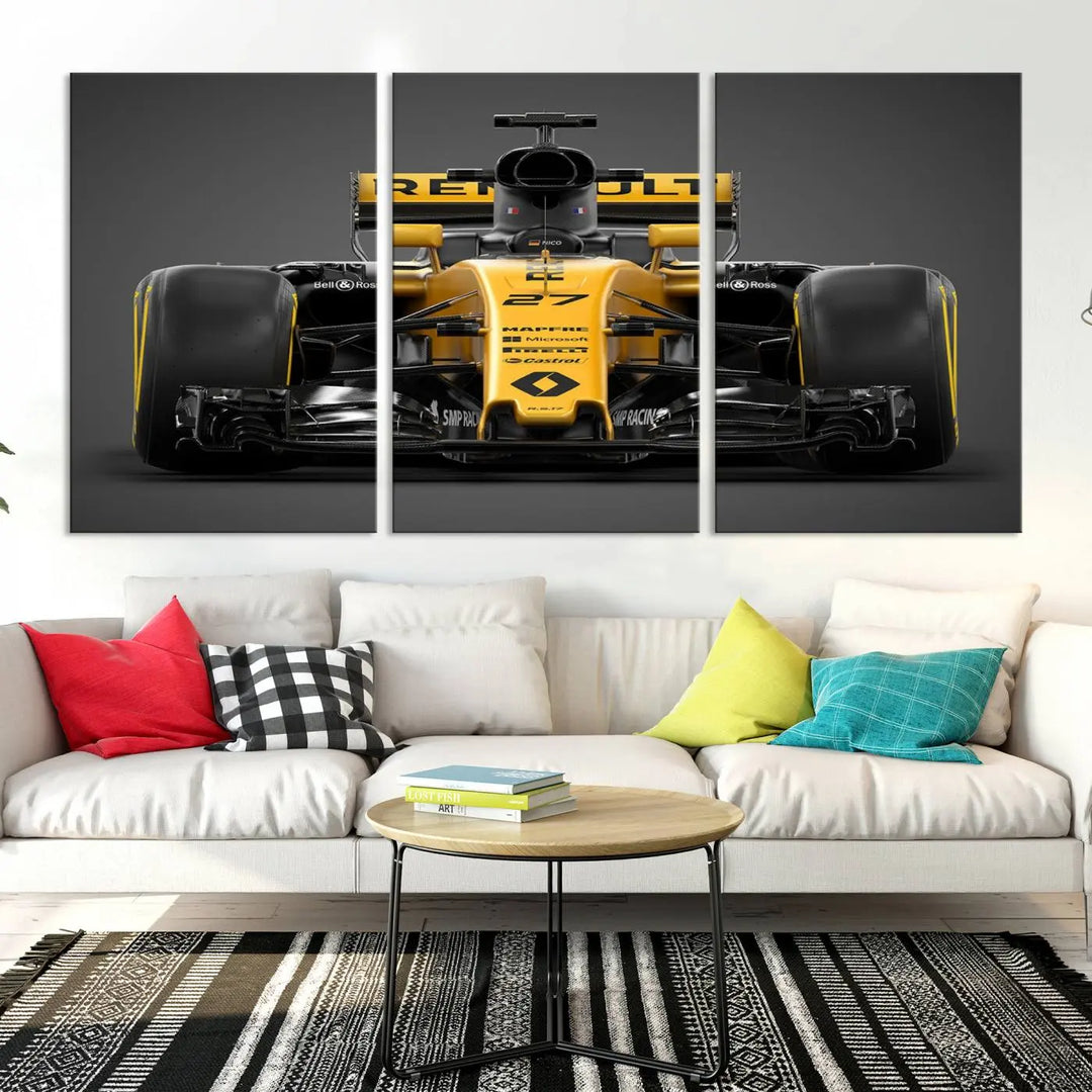 The Formula 1 Car Canvas Wall Art Print features a vibrant yellow F1 Renault car displayed on museum-quality canvases with a protective UV coating. It creates an elegant focal point and comes ready to hang for instant appeal in any room.