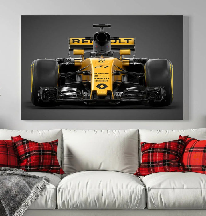 The Formula 1 Car Canvas Wall Art Print features a vibrant yellow F1 Renault car displayed on museum-quality canvases with a protective UV coating. It creates an elegant focal point and comes ready to hang for instant appeal in any room.