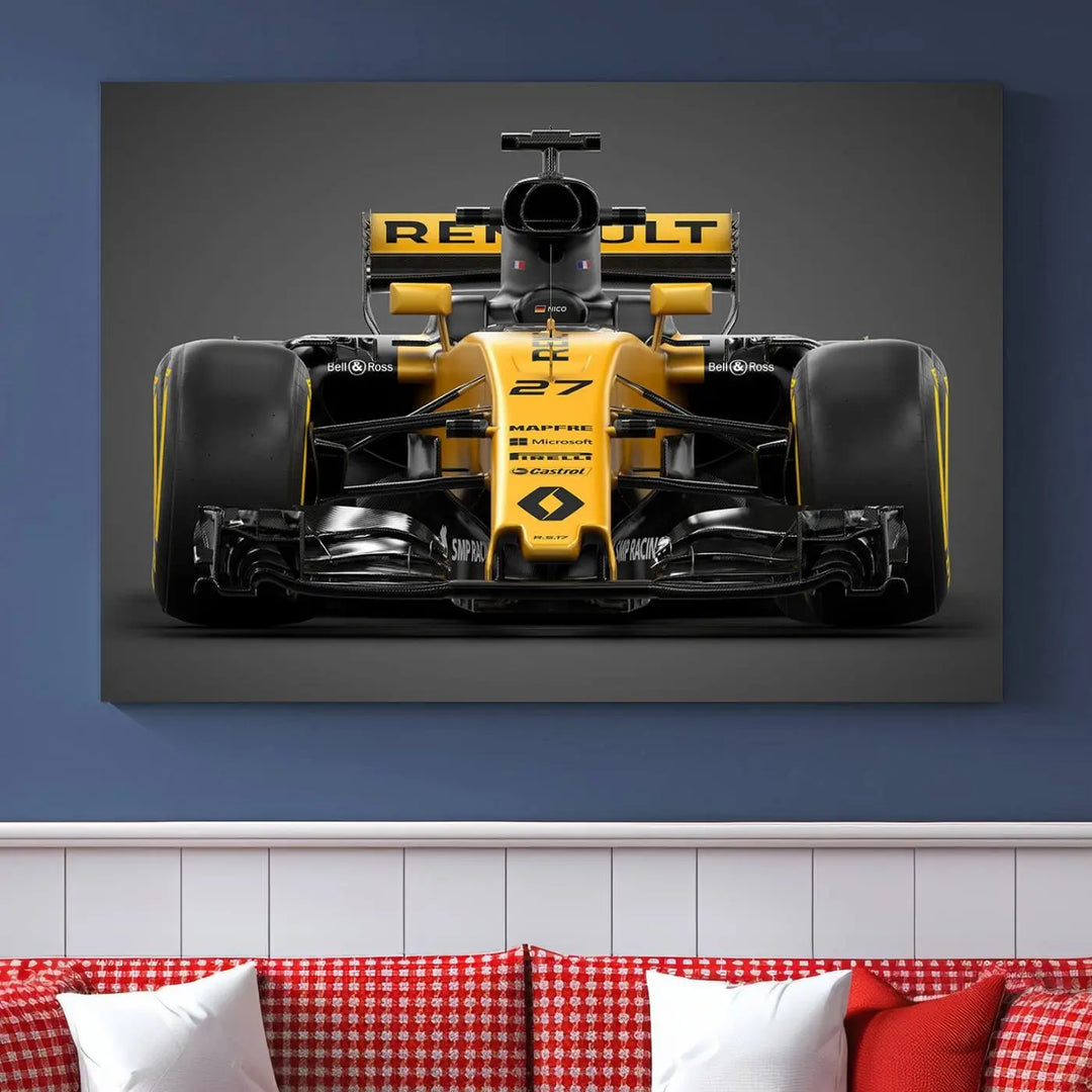 The Formula 1 Car Canvas Wall Art Print features a vibrant yellow F1 Renault car displayed on museum-quality canvases with a protective UV coating. It creates an elegant focal point and comes ready to hang for instant appeal in any room.