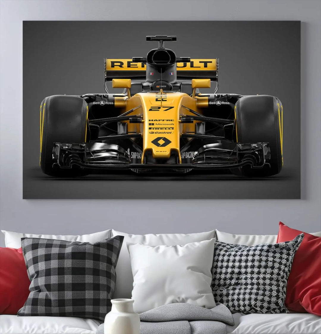 The Formula 1 Car Canvas Wall Art Print features a vibrant yellow F1 Renault car displayed on museum-quality canvases with a protective UV coating. It creates an elegant focal point and comes ready to hang for instant appeal in any room.