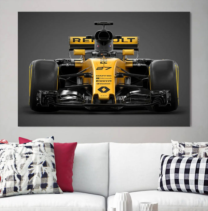 The Formula 1 Car Canvas Wall Art Print features a vibrant yellow F1 Renault car displayed on museum-quality canvases with a protective UV coating. It creates an elegant focal point and comes ready to hang for instant appeal in any room.