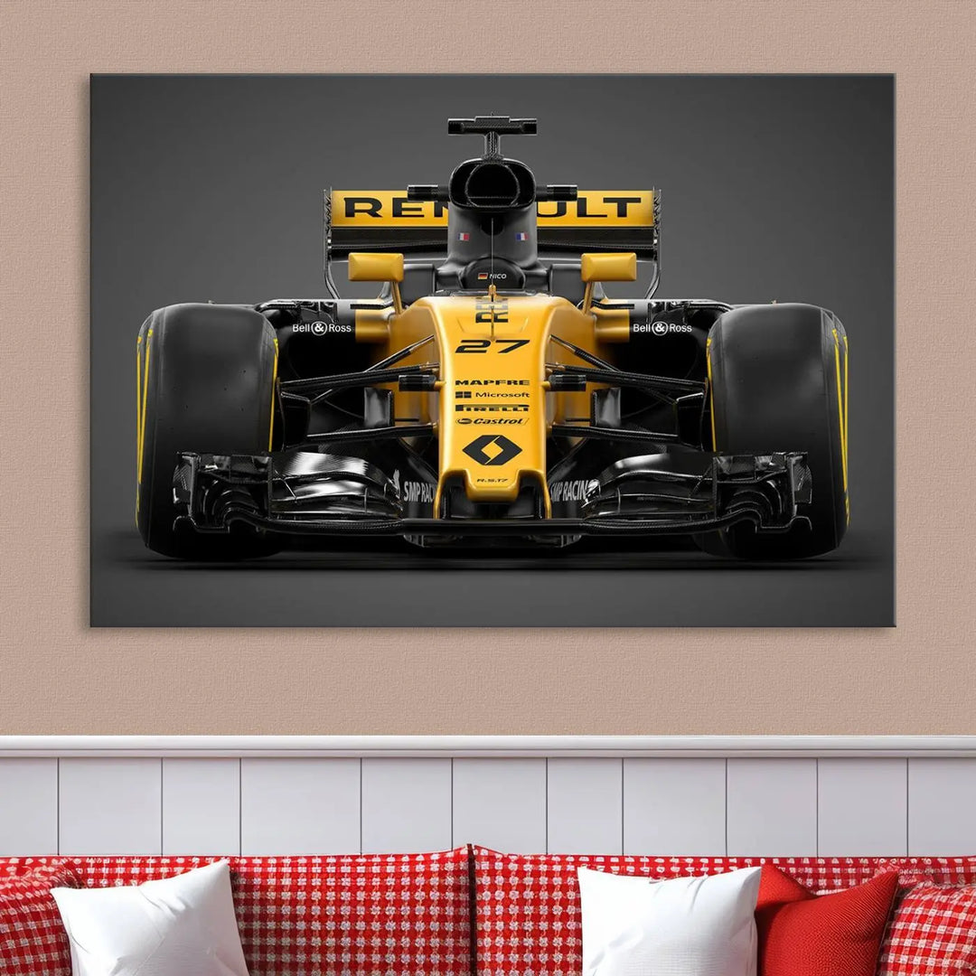 The Formula 1 Car Canvas Wall Art Print features a vibrant yellow F1 Renault car displayed on museum-quality canvases with a protective UV coating. It creates an elegant focal point and comes ready to hang for instant appeal in any room.