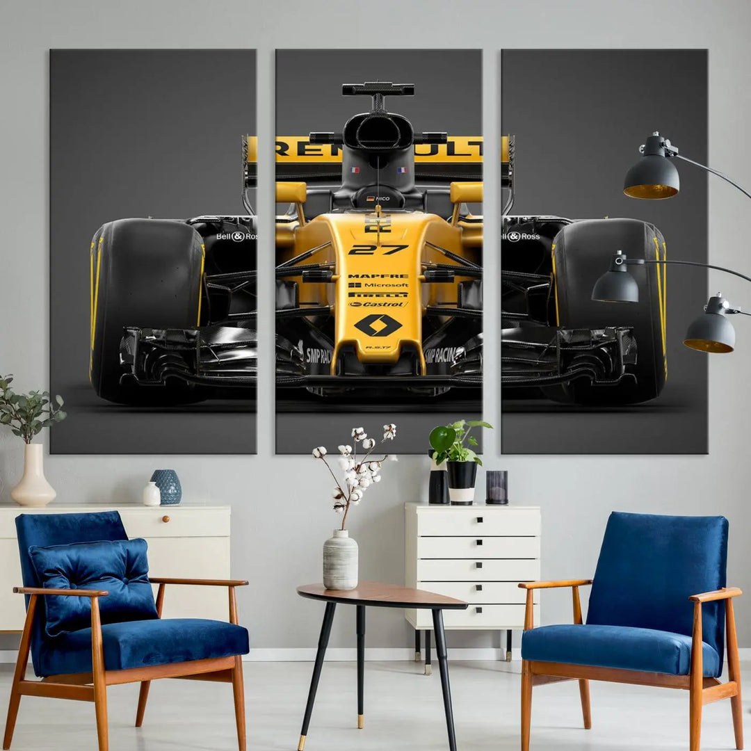 The Formula 1 Car Canvas Wall Art Print features a vibrant yellow F1 Renault car displayed on museum-quality canvases with a protective UV coating. It creates an elegant focal point and comes ready to hang for instant appeal in any room.