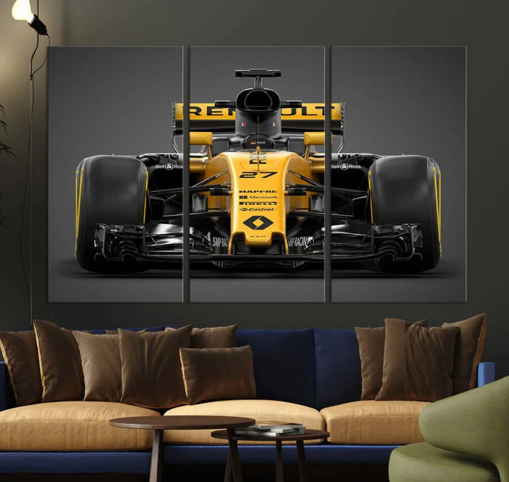 The Formula 1 Car Canvas Wall Art Print features a vibrant yellow F1 Renault car displayed on museum-quality canvases with a protective UV coating. It creates an elegant focal point and comes ready to hang for instant appeal in any room.