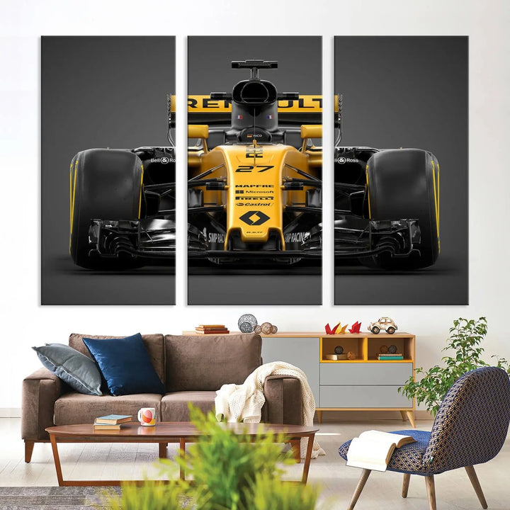 The Formula 1 Car Canvas Wall Art Print features a vibrant yellow F1 Renault car displayed on museum-quality canvases with a protective UV coating. It creates an elegant focal point and comes ready to hang for instant appeal in any room.