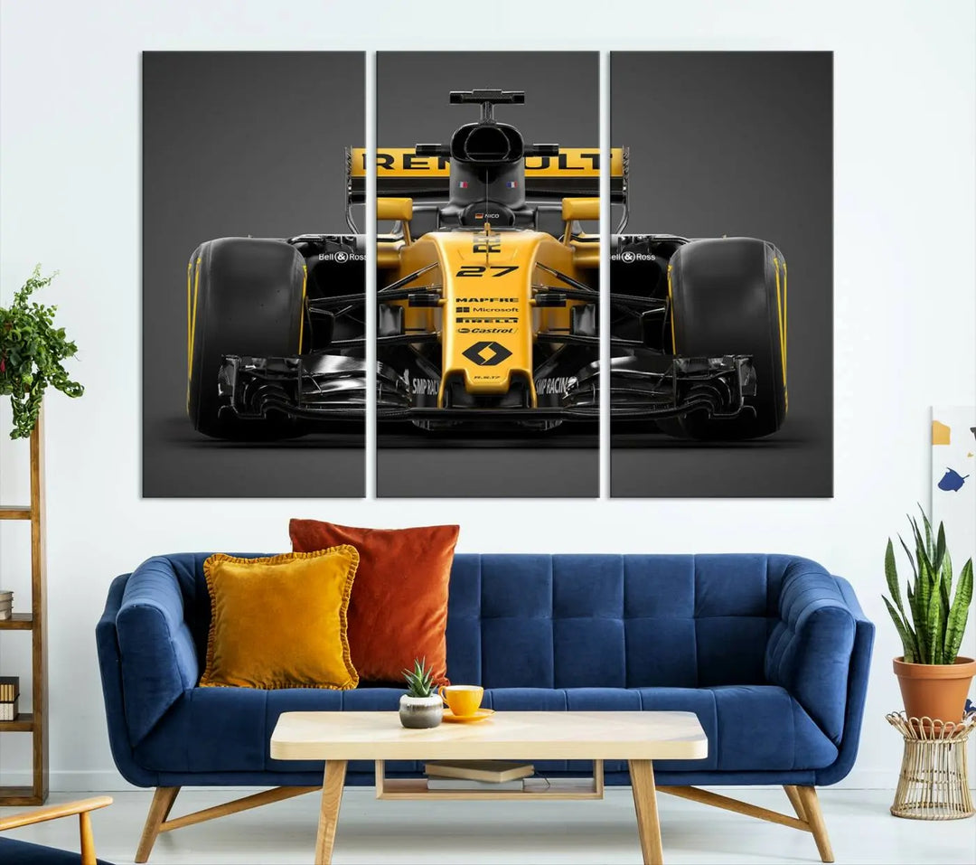 The Formula 1 Car Canvas Wall Art Print features a vibrant yellow F1 Renault car displayed on museum-quality canvases with a protective UV coating. It creates an elegant focal point and comes ready to hang for instant appeal in any room.