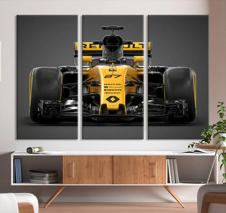 The Formula 1 Car Canvas Wall Art Print features a vibrant yellow F1 Renault car displayed on museum-quality canvases with a protective UV coating. It creates an elegant focal point and comes ready to hang for instant appeal in any room.