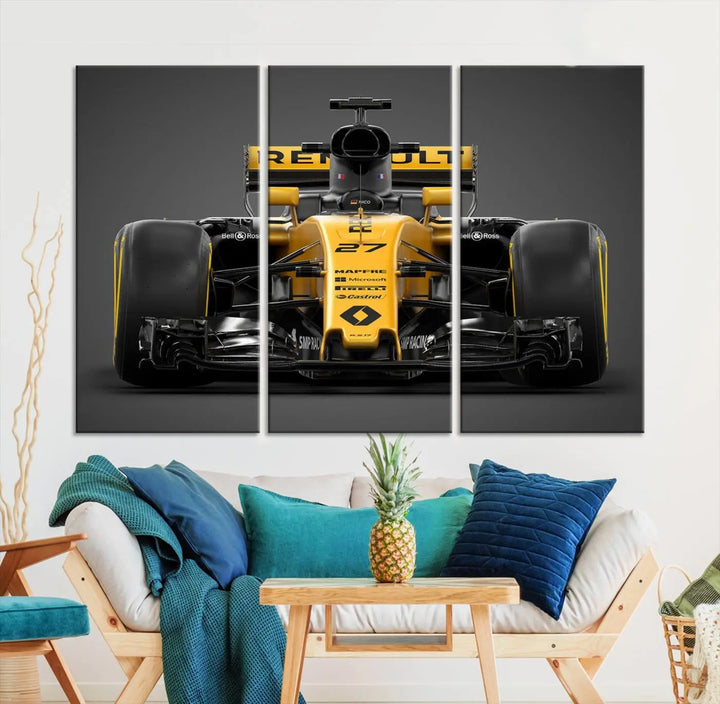 The Formula 1 Car Canvas Wall Art Print features a vibrant yellow F1 Renault car displayed on museum-quality canvases with a protective UV coating. It creates an elegant focal point and comes ready to hang for instant appeal in any room.