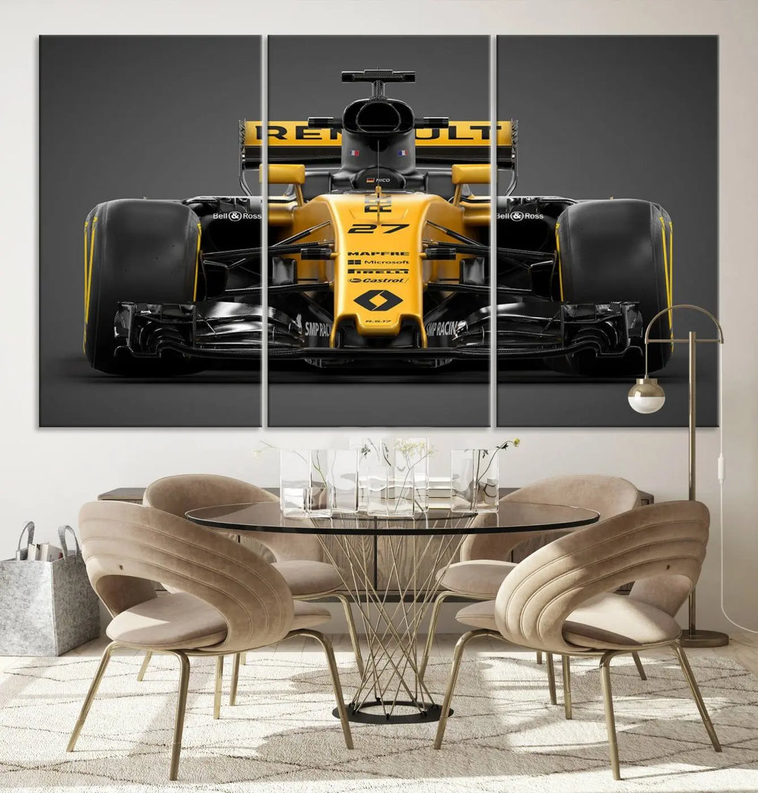 The Formula 1 Car Canvas Wall Art Print features a vibrant yellow F1 Renault car displayed on museum-quality canvases with a protective UV coating. It creates an elegant focal point and comes ready to hang for instant appeal in any room.