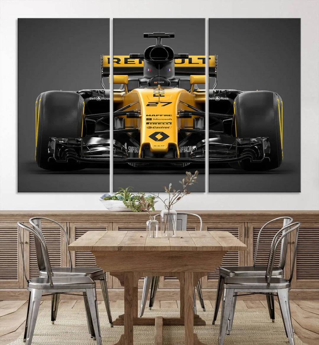 The Formula 1 Car Canvas Wall Art Print features a vibrant yellow F1 Renault car displayed on museum-quality canvases with a protective UV coating. It creates an elegant focal point and comes ready to hang for instant appeal in any room.