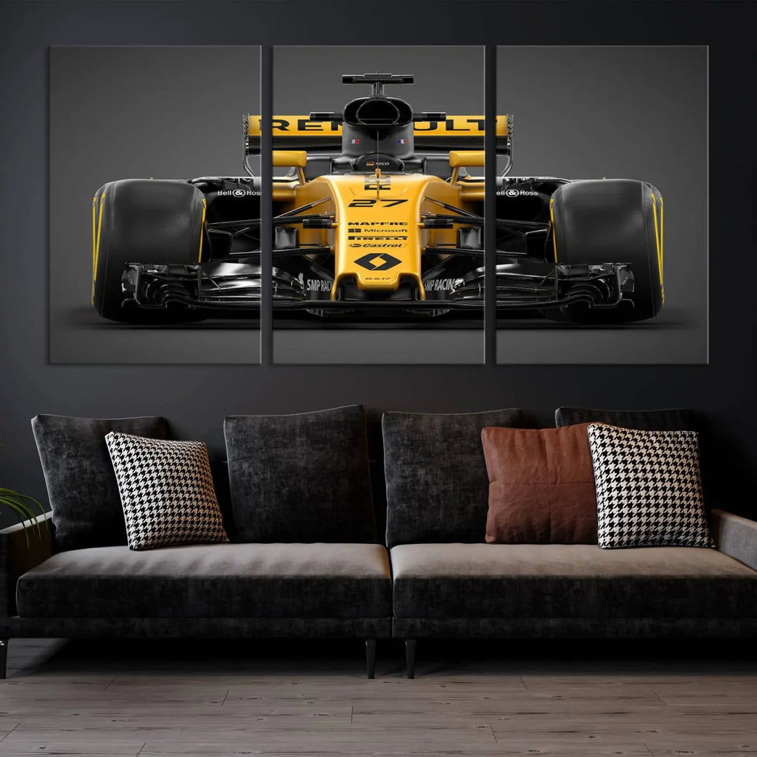 The Formula 1 Car Canvas Wall Art Print features a vibrant yellow F1 Renault car displayed on museum-quality canvases with a protective UV coating. It creates an elegant focal point and comes ready to hang for instant appeal in any room.