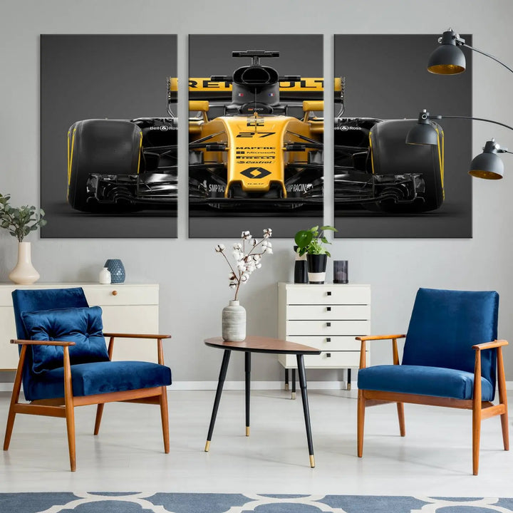 The Formula 1 Car Canvas Wall Art Print features a vibrant yellow F1 Renault car displayed on museum-quality canvases with a protective UV coating. It creates an elegant focal point and comes ready to hang for instant appeal in any room.