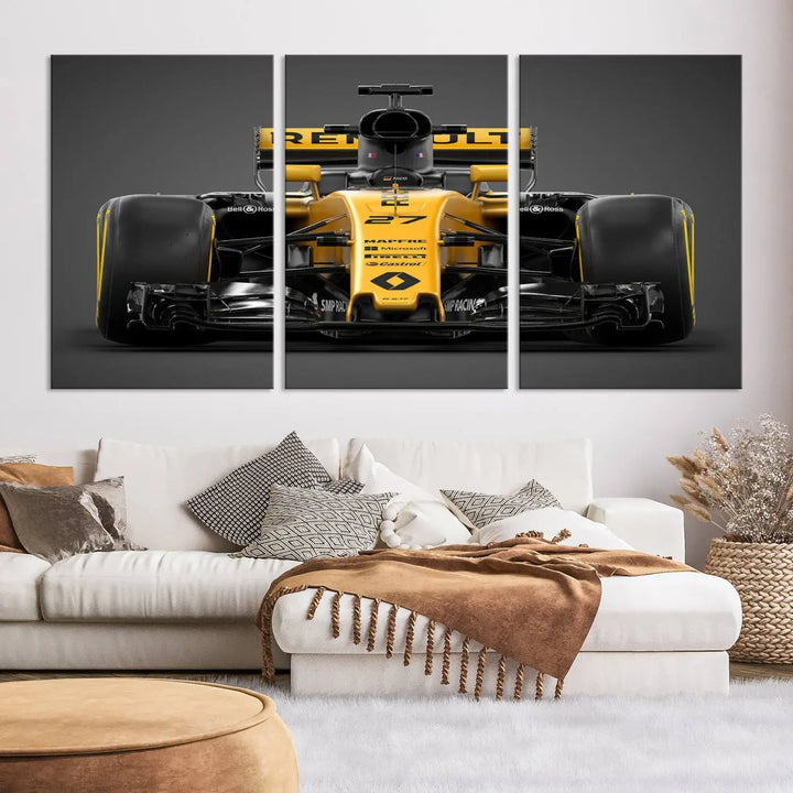 The Formula 1 Car Canvas Wall Art Print features a vibrant yellow F1 Renault car displayed on museum-quality canvases with a protective UV coating. It creates an elegant focal point and comes ready to hang for instant appeal in any room.