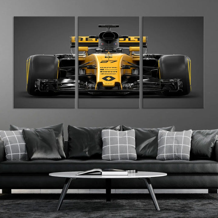 The Formula 1 Car Canvas Wall Art Print features a vibrant yellow F1 Renault car displayed on museum-quality canvases with a protective UV coating. It creates an elegant focal point and comes ready to hang for instant appeal in any room.