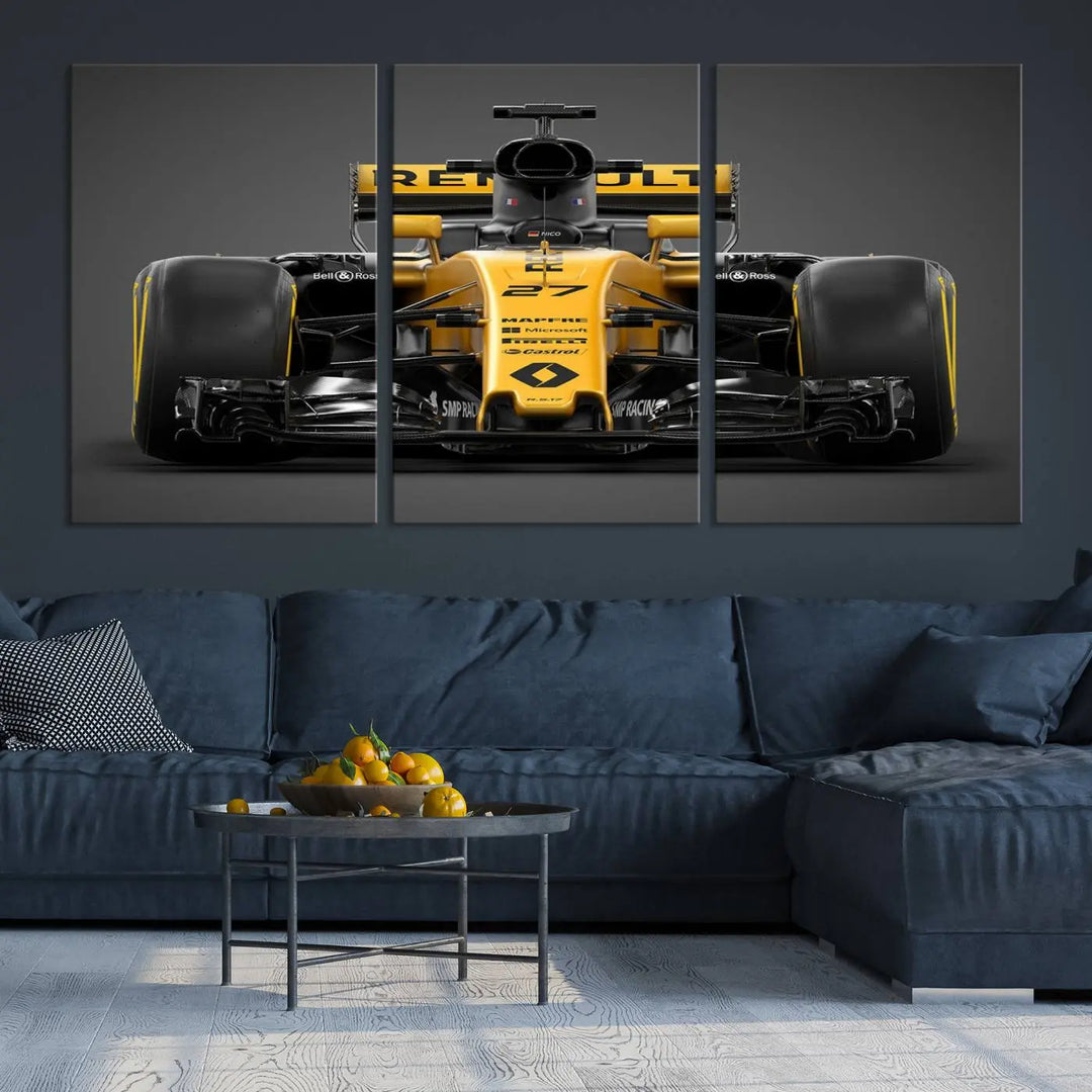 The Formula 1 Car Canvas Wall Art Print features a vibrant yellow F1 Renault car displayed on museum-quality canvases with a protective UV coating. It creates an elegant focal point and comes ready to hang for instant appeal in any room.