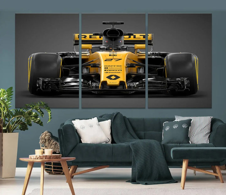 The Formula 1 Car Canvas Wall Art Print features a vibrant yellow F1 Renault car displayed on museum-quality canvases with a protective UV coating. It creates an elegant focal point and comes ready to hang for instant appeal in any room.