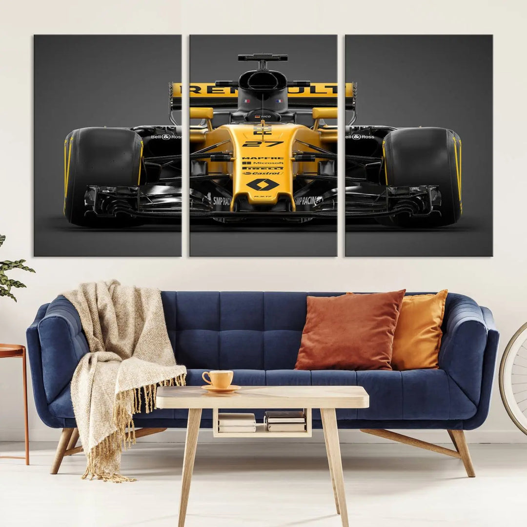 The Formula 1 Car Canvas Wall Art Print features a vibrant yellow F1 Renault car displayed on museum-quality canvases with a protective UV coating. It creates an elegant focal point and comes ready to hang for instant appeal in any room.