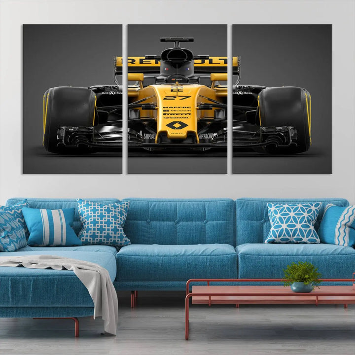 The Formula 1 Car Canvas Wall Art Print features a vibrant yellow F1 Renault car displayed on museum-quality canvases with a protective UV coating. It creates an elegant focal point and comes ready to hang for instant appeal in any room.