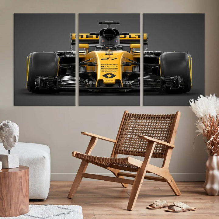 The Formula 1 Car Canvas Wall Art Print features a vibrant yellow F1 Renault car displayed on museum-quality canvases with a protective UV coating. It creates an elegant focal point and comes ready to hang for instant appeal in any room.