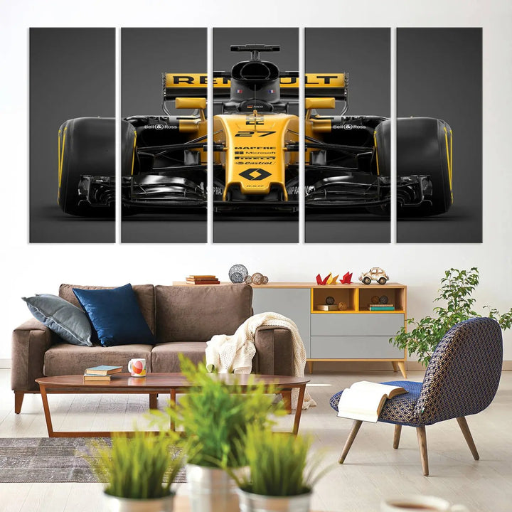 The Formula 1 Car Canvas Wall Art Print features a vibrant yellow F1 Renault car displayed on museum-quality canvases with a protective UV coating. It creates an elegant focal point and comes ready to hang for instant appeal in any room.