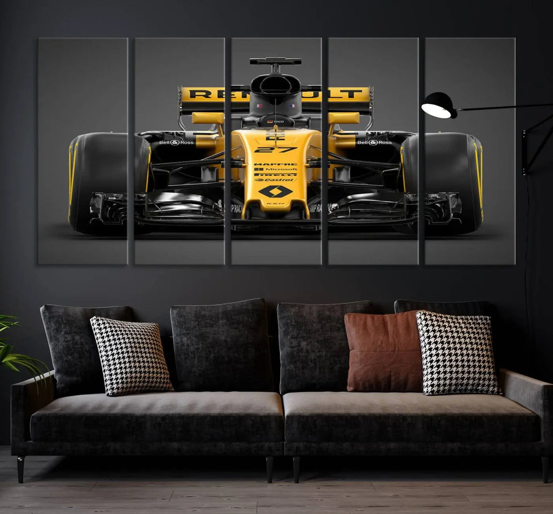 The Formula 1 Car Canvas Wall Art Print features a vibrant yellow F1 Renault car displayed on museum-quality canvases with a protective UV coating. It creates an elegant focal point and comes ready to hang for instant appeal in any room.