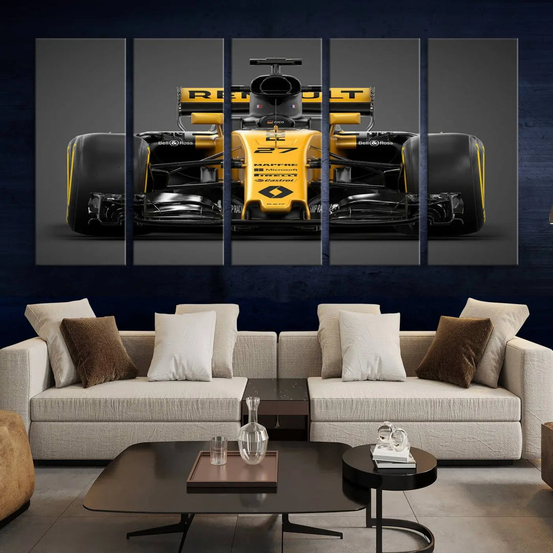 The Formula 1 Car Canvas Wall Art Print features a vibrant yellow F1 Renault car displayed on museum-quality canvases with a protective UV coating. It creates an elegant focal point and comes ready to hang for instant appeal in any room.