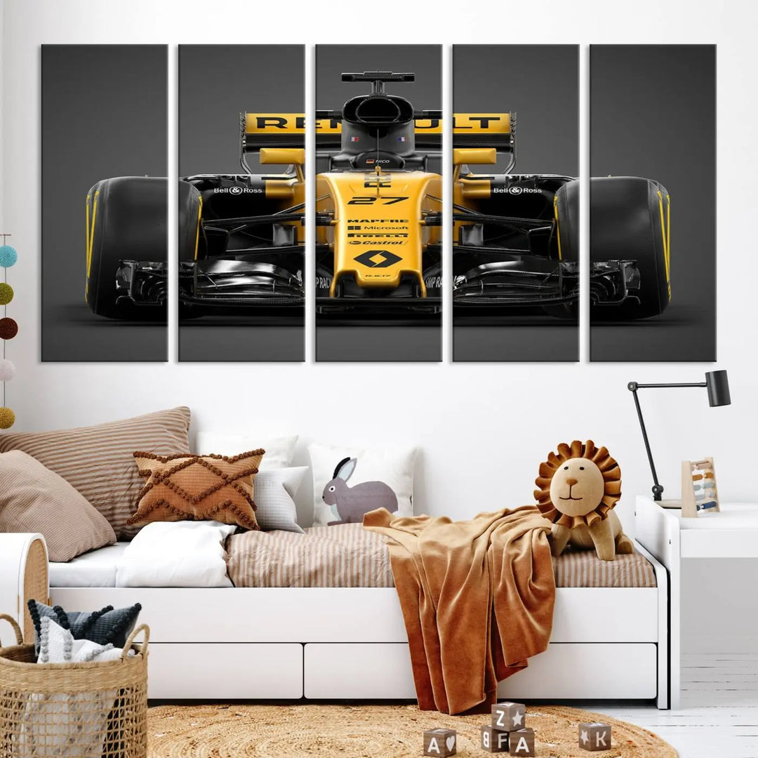 The Formula 1 Car Canvas Wall Art Print features a vibrant yellow F1 Renault car displayed on museum-quality canvases with a protective UV coating. It creates an elegant focal point and comes ready to hang for instant appeal in any room.