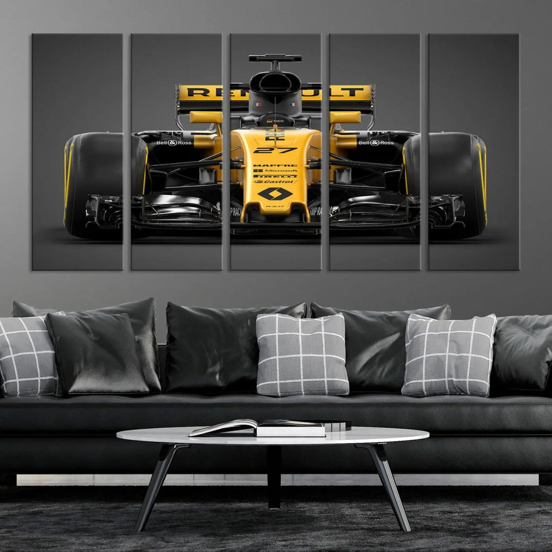 The Formula 1 Car Canvas Wall Art Print features a vibrant yellow F1 Renault car displayed on museum-quality canvases with a protective UV coating. It creates an elegant focal point and comes ready to hang for instant appeal in any room.