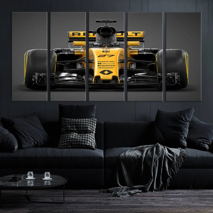 The Formula 1 Car Canvas Wall Art Print features a vibrant yellow F1 Renault car displayed on museum-quality canvases with a protective UV coating. It creates an elegant focal point and comes ready to hang for instant appeal in any room.