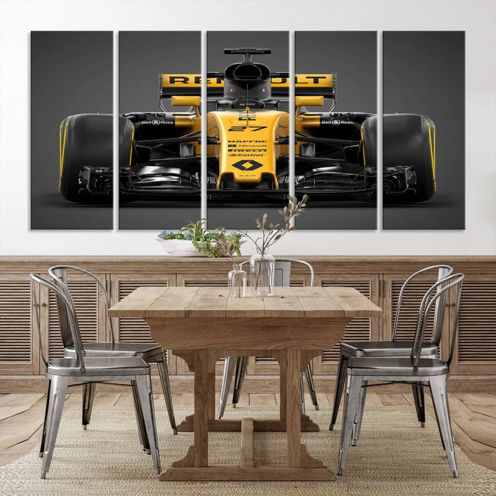 The Formula 1 Car Canvas Wall Art Print features a vibrant yellow F1 Renault car displayed on museum-quality canvases with a protective UV coating. It creates an elegant focal point and comes ready to hang for instant appeal in any room.