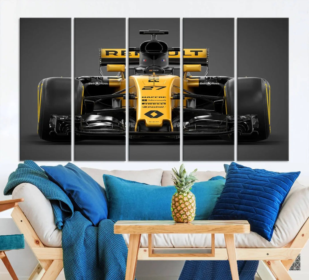 The Formula 1 Car Canvas Wall Art Print features a vibrant yellow F1 Renault car displayed on museum-quality canvases with a protective UV coating. It creates an elegant focal point and comes ready to hang for instant appeal in any room.