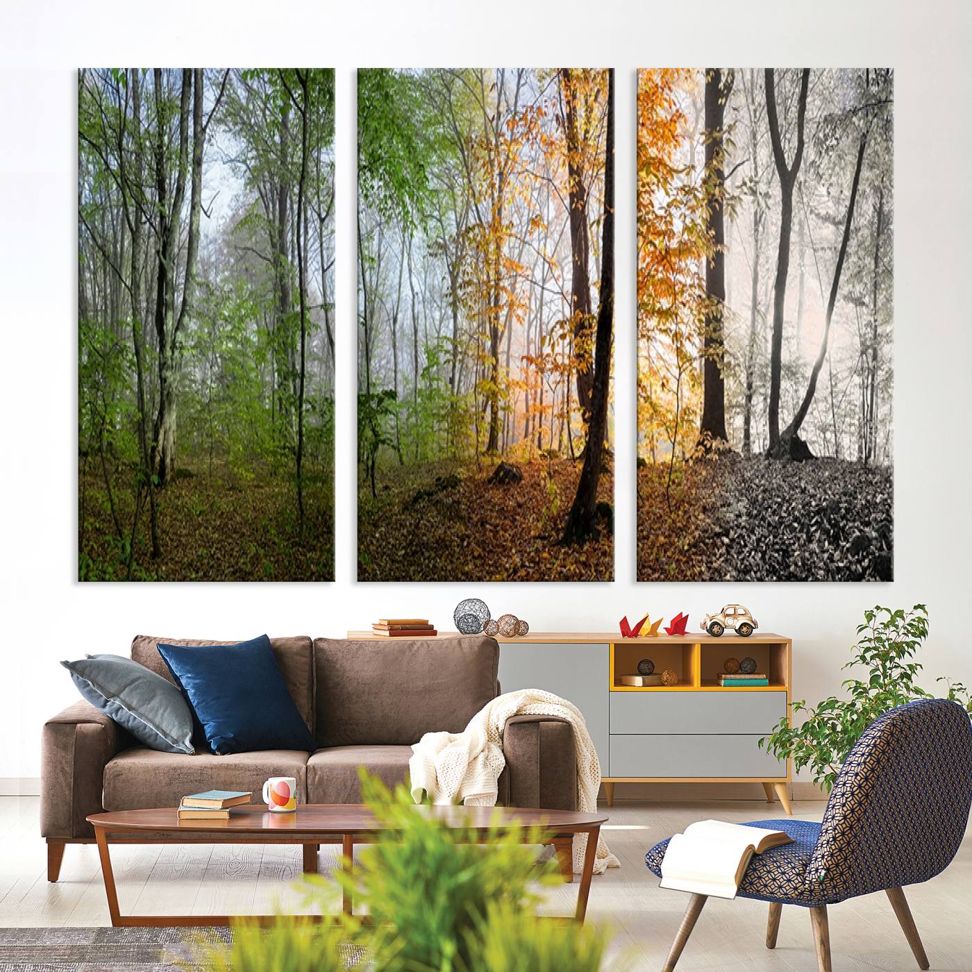 Four Seasons Wall Art Forest Canvas Print – Triptych Seasonal Nature Print – Landscape Decor for Living Room or Office – Ready to Hang