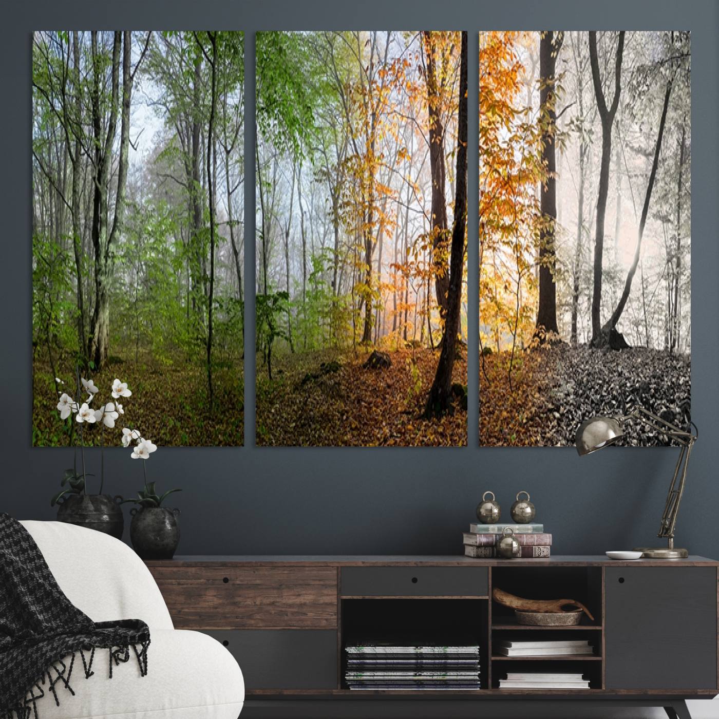 Four Seasons Wall Art Forest Canvas Print – Triptych Seasonal Nature Print – Landscape Decor for Living Room or Office – Ready to Hang