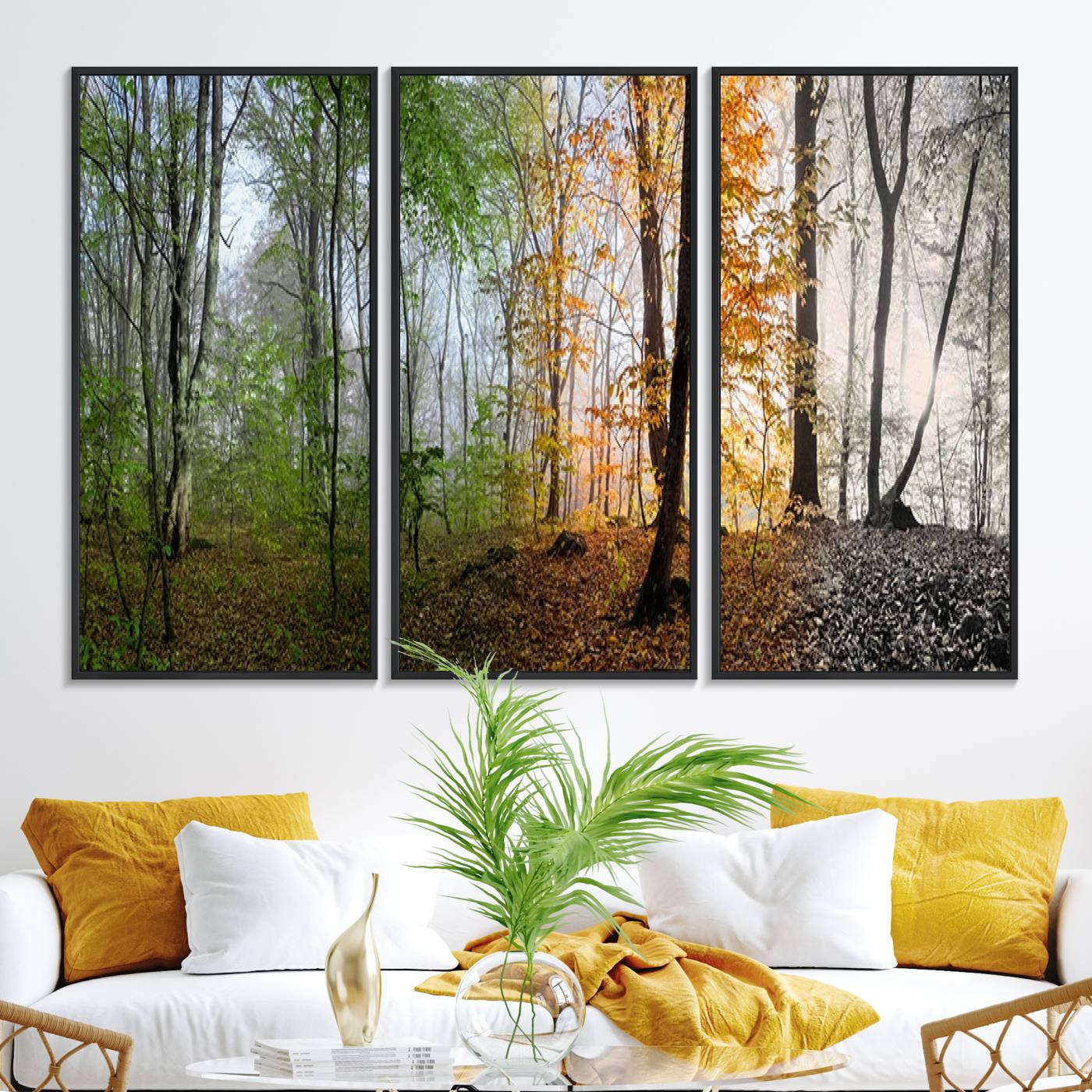 95317-MGV-FC-48X32-3P_Black-Four Seasons Wall Art Forest Canvas Print – Triptych Seasonal Nature Print – Landscape Decor for Living Room or Office – Ready to Hang