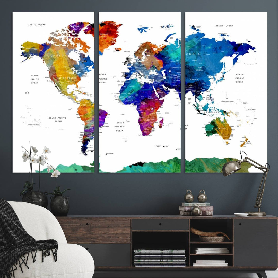 Framed 3-Panel Colorful World Map Canvas Art | Ready to Hang Large Wall Art for Home, Office, or Study Decor