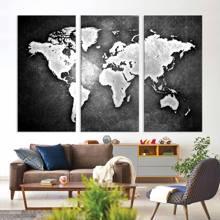 Framed 3-Panel Grunge World Map Canvas Art | Ready to Hang Modern Black & White Wall Art for Home, Office, or Study | Large Geographical