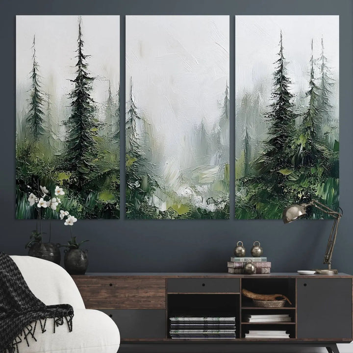 Framed Abstract Forest Canvas Wall Art Print - Green and White Woodland Printing - Nature Artwork for Home or Office Decor