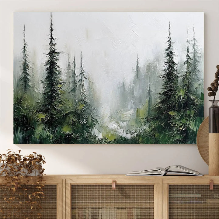 Framed Abstract Forest Canvas Wall Art Print - Green and White Woodland Printing - Nature Artwork for Home or Office Decor